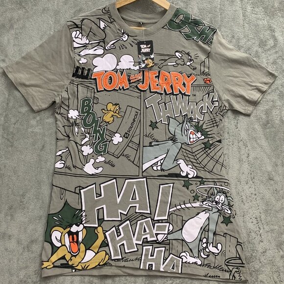 Tom & Jerry x Southpole Shirt Mens Size Large Gray Cartoon Onomatopoeia Y2K Look - Picture 4 of 13